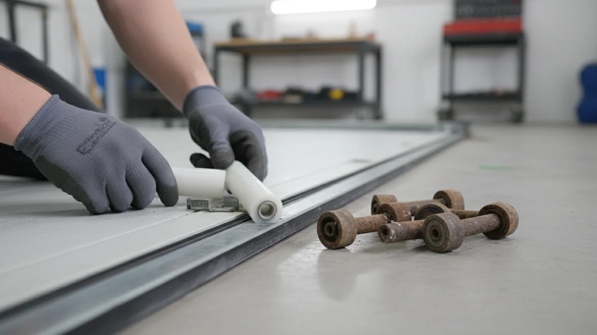 Technician replacing garage door rollers on residential door track