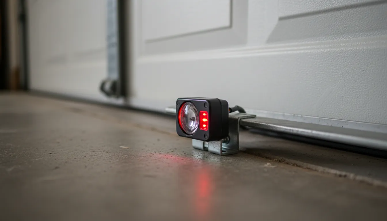 Garage door safety sensor with blinking red LED indicator light