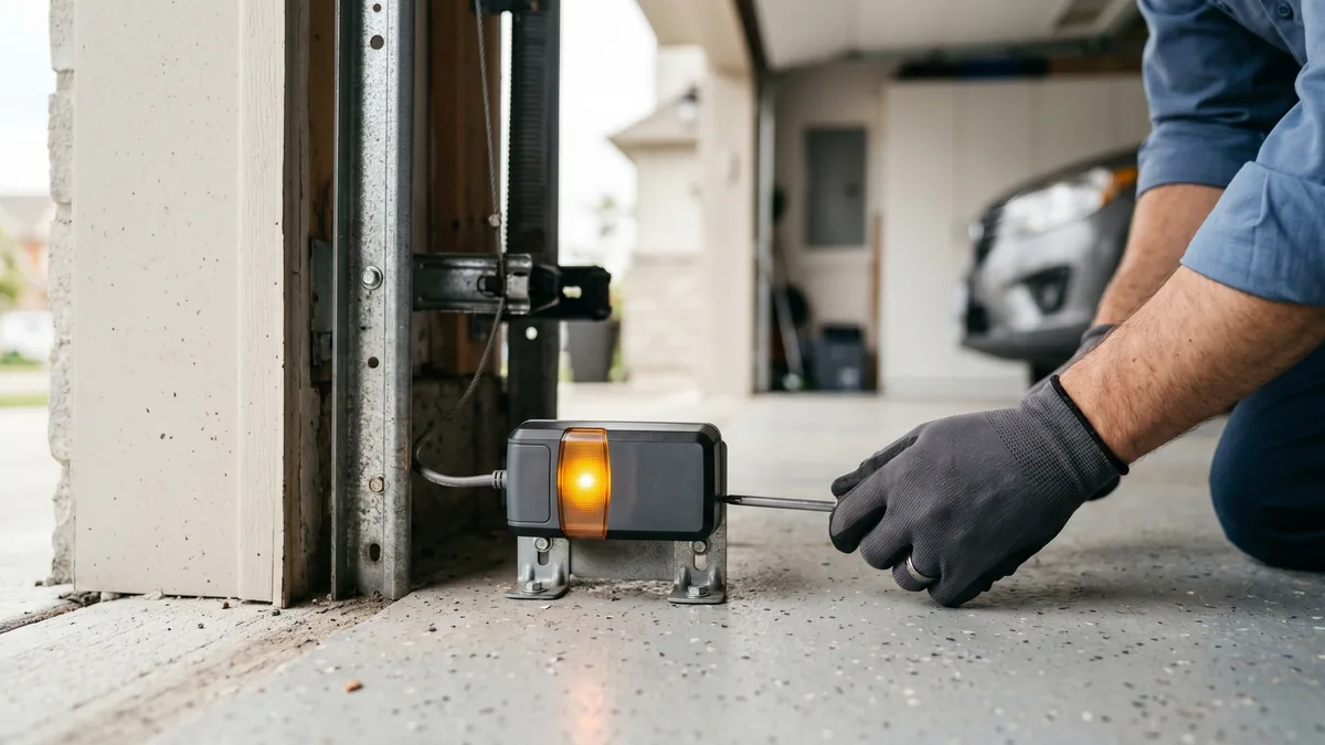 Garage door safety photo eye sensor showing a green LED light near the floor