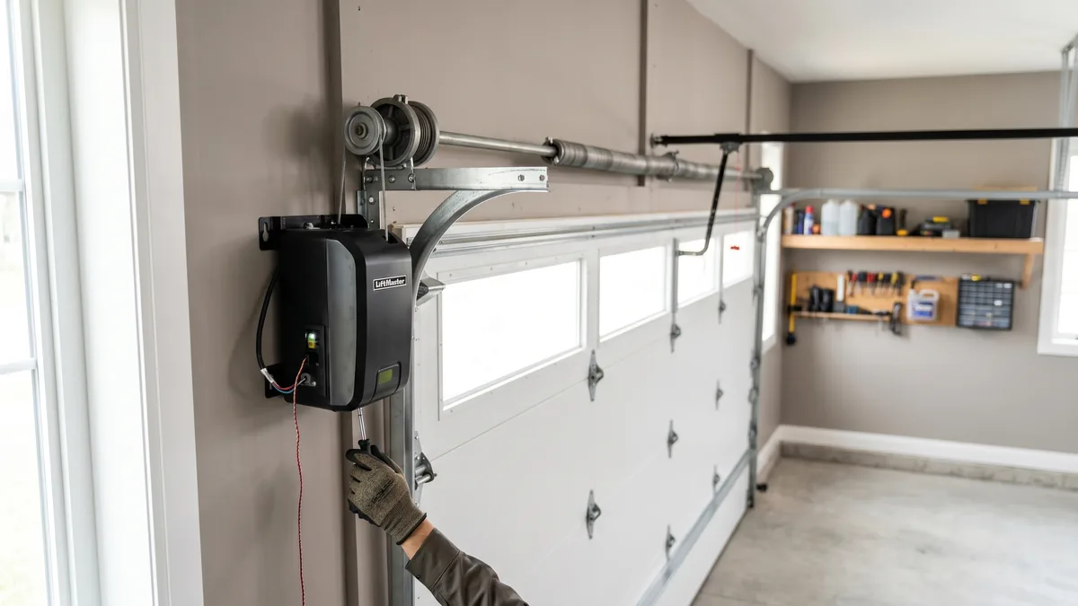 Side-mount jackshaft garage door opener installed beside the torsion bar on a garage wall
