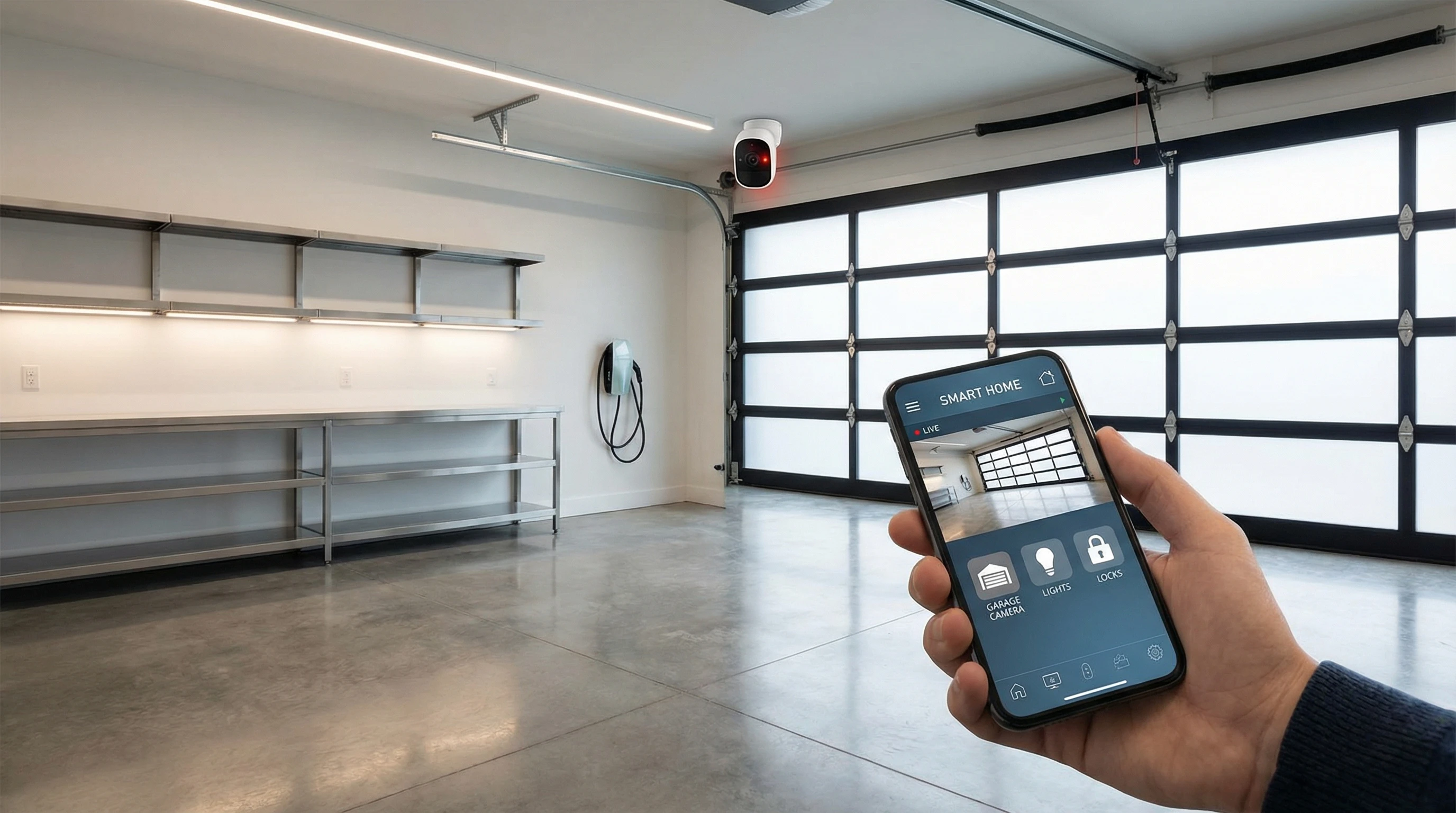 Smart security camera mounted inside garage pointing at garage door