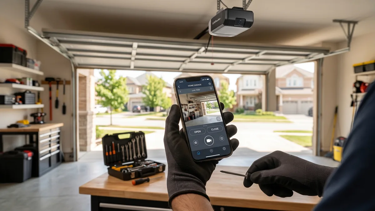 Smart garage door opener with a built-in camera streaming live video to a phone app in a GTA garage