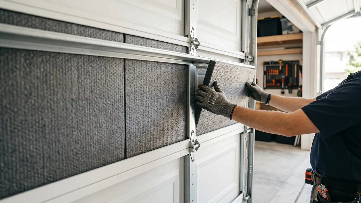 Technician adding insulation panels and weather seals to soundproof a garage door in a Mississauga garage