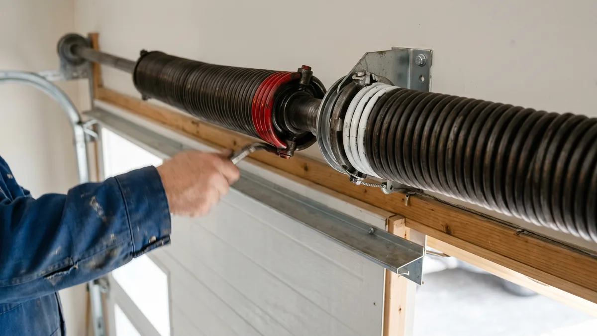 Close-up of garage door torsion springs with red and black painted ends on the center bracket