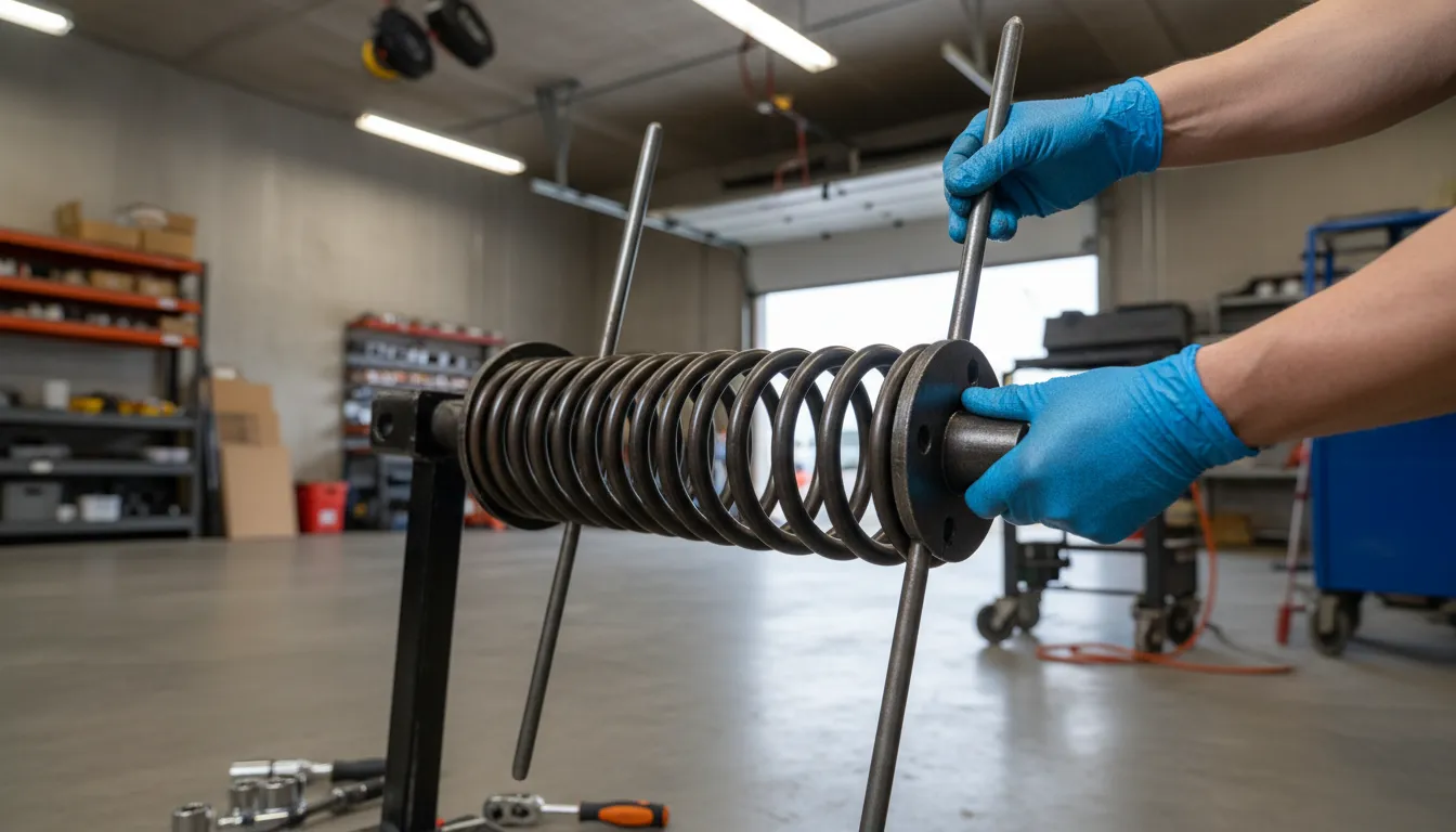 Technician replacing garage door torsion spring with winding bars