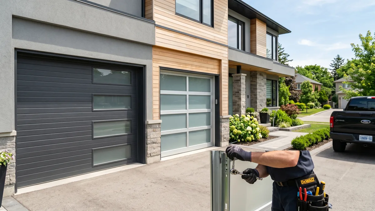 Side-by-side comparison of a steel garage door and an aluminum full-view glass garage door on GTA homes