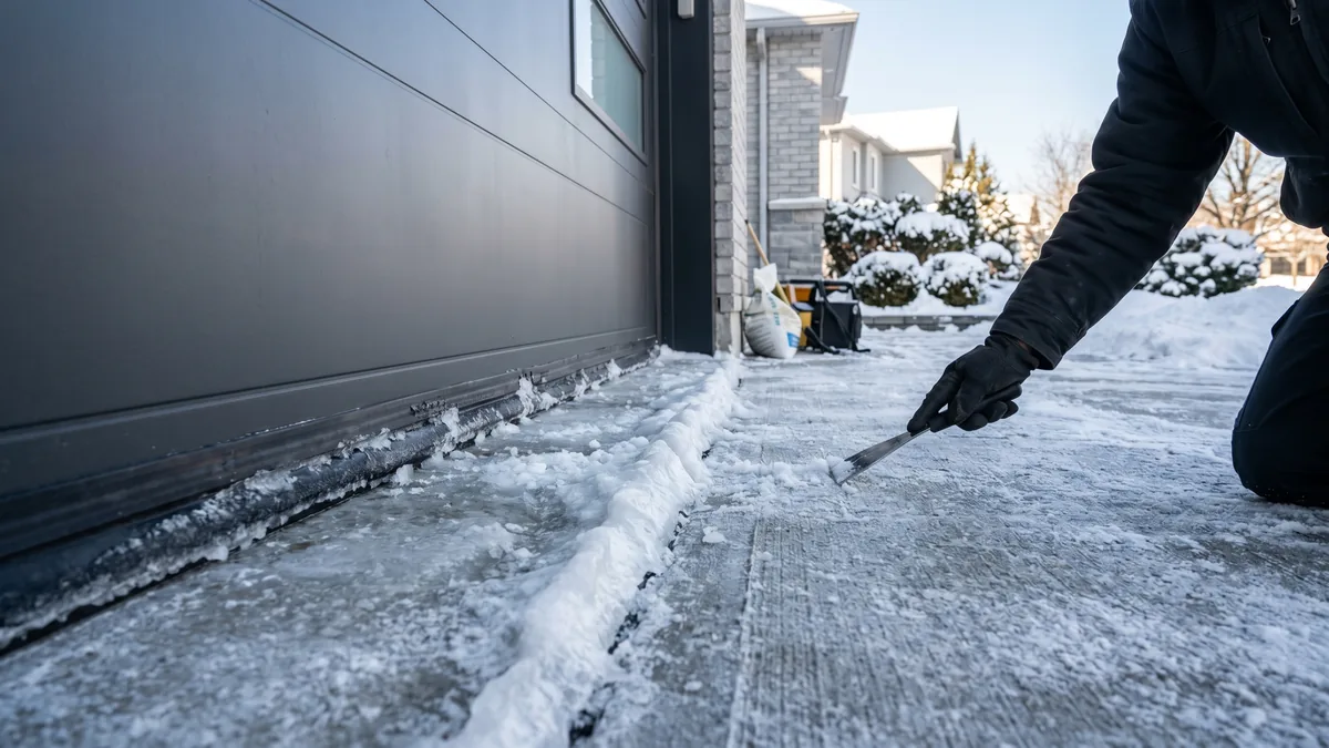 Garage door bottom seal frozen to a snowy concrete driveway in an Ontario winter