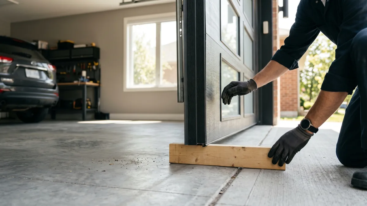 Technician performing a garage door auto-reverse safety test with a 2x4 board and photo-eye sensors