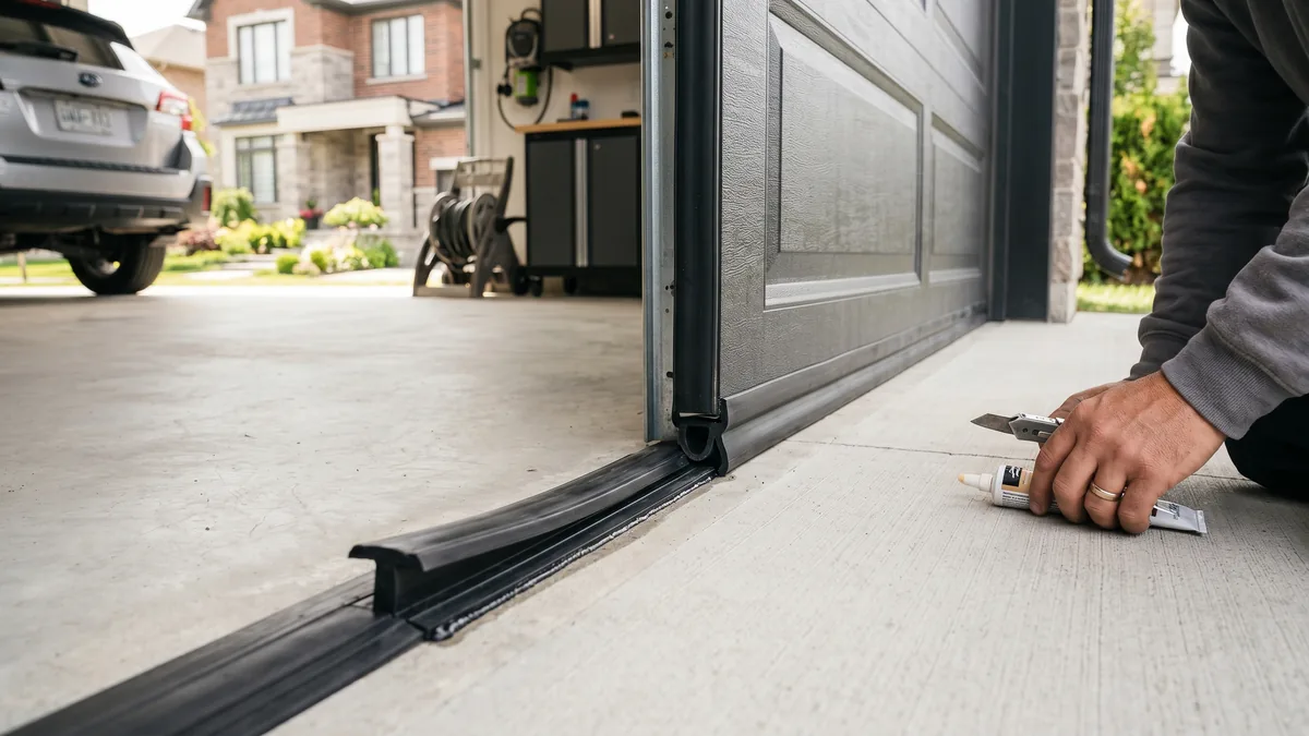Side-by-side comparison of a garage door bottom seal on the panel and a rubber floor threshold along the opening in a GTA garage