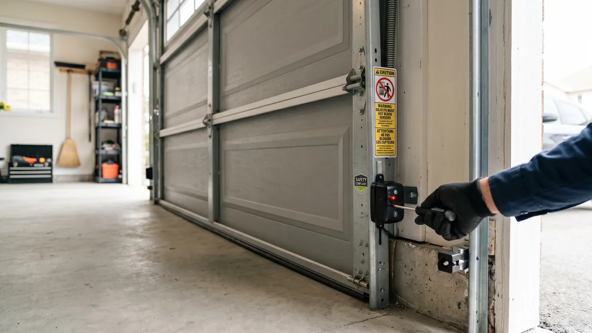 Garage door photo-eye safety sensor mounted near the floor, required by the UL 325 standard