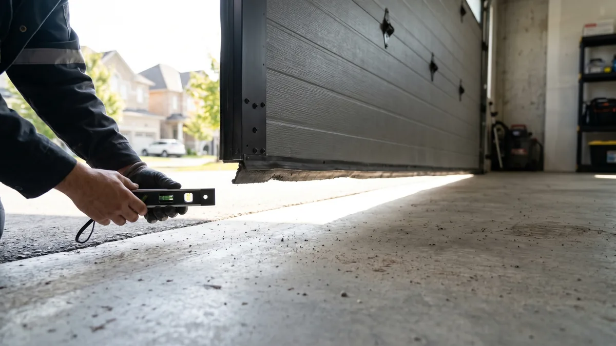 Closed garage door with a visibly uneven gap that is wider on one side along the floor