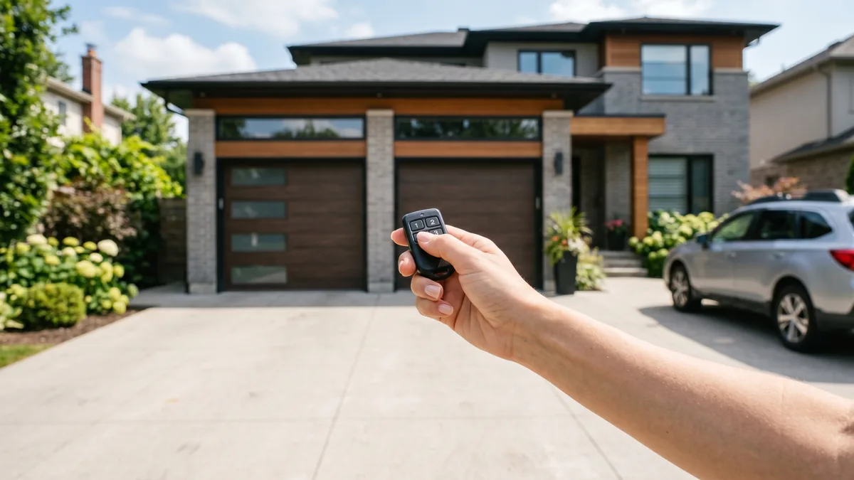 Hand holding a universal garage door remote next to an opener motor head Learn button