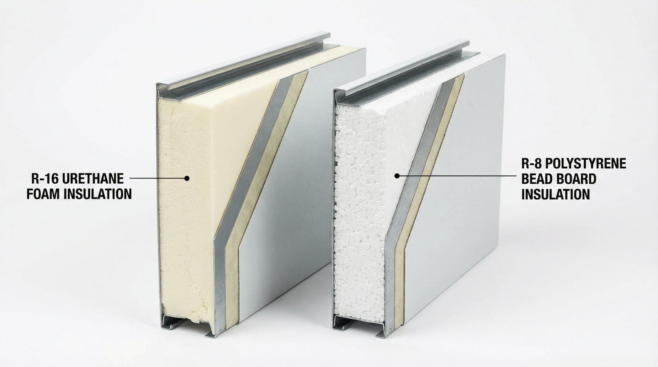 Urethane vs polystyrene garage door insulation cross-section comparison