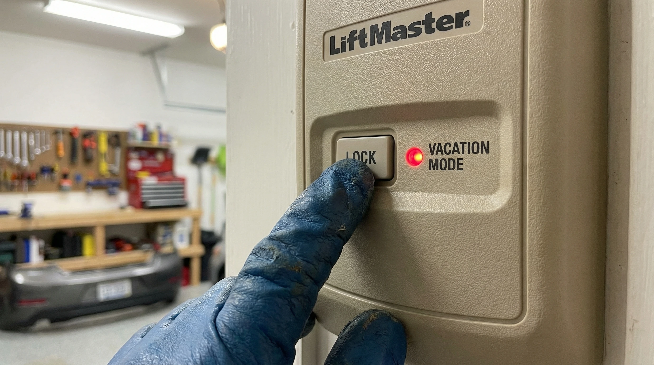 Garage door opener control panel showing lock mode button