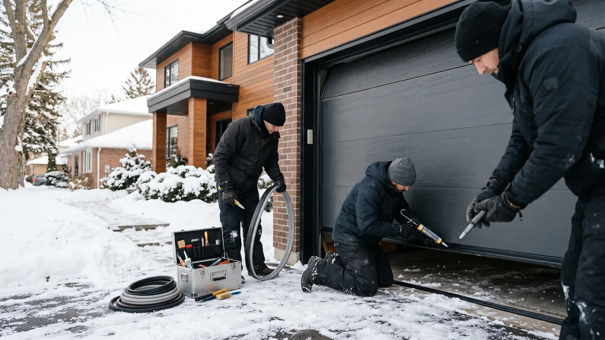 Detached garage in a snowy Ontario yard with a sealed insulated garage door ready for winter