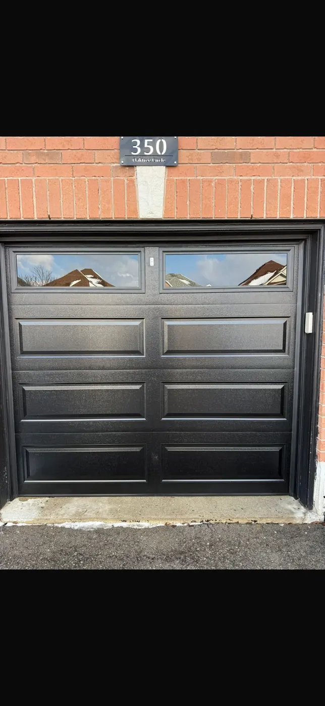 Black long-panel single garage door with clear top windows
