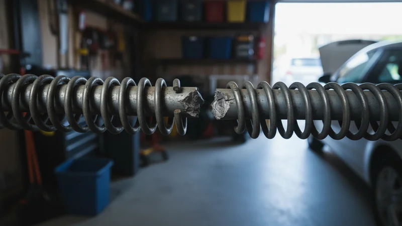 Broken garage door torsion spring showing clear separation where metal fatigue caused failure